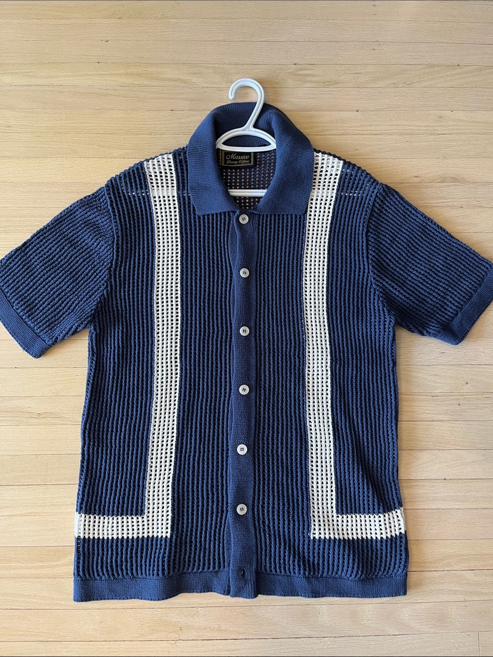 Mens Navy Short-Sleeve Knit Button-Down with Cream Stripes